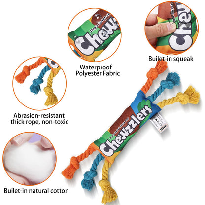 Dog Chew Toy Squeaky Rainbow Candy-Shaped Interactive Rope Toy