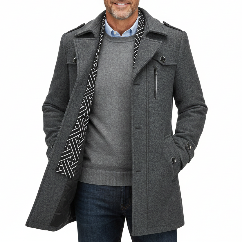 Men's Winter Warm Thick Wool Blend Coat with Removable Scarf