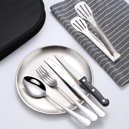Stainless Steel Tableware Outdoor Camping Steak Knife Fork Spoon Dinner Plate Set Portable Cloth Bag Set