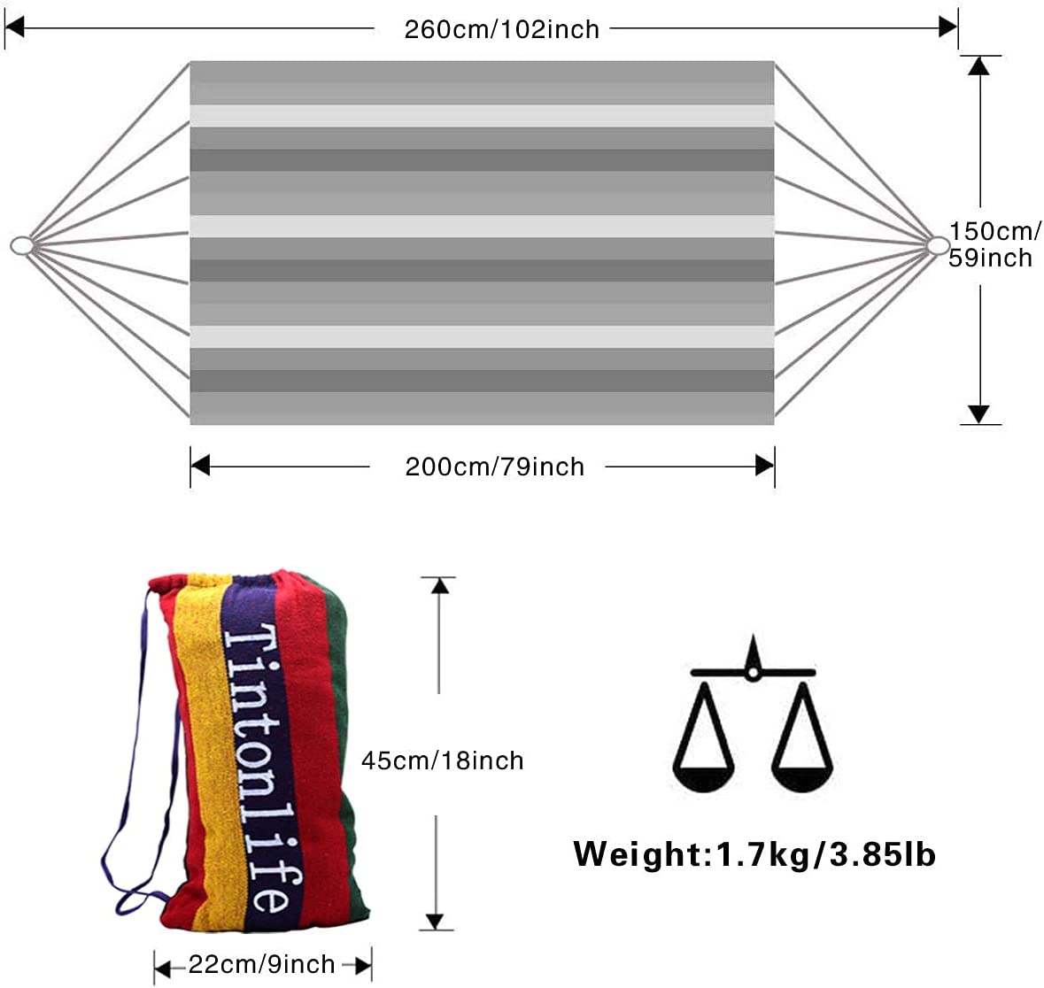 Double Hammock 2 Person Canvas Cotton Hammock with Carrying Bag for Patio Porch Garden Backyard Lounging