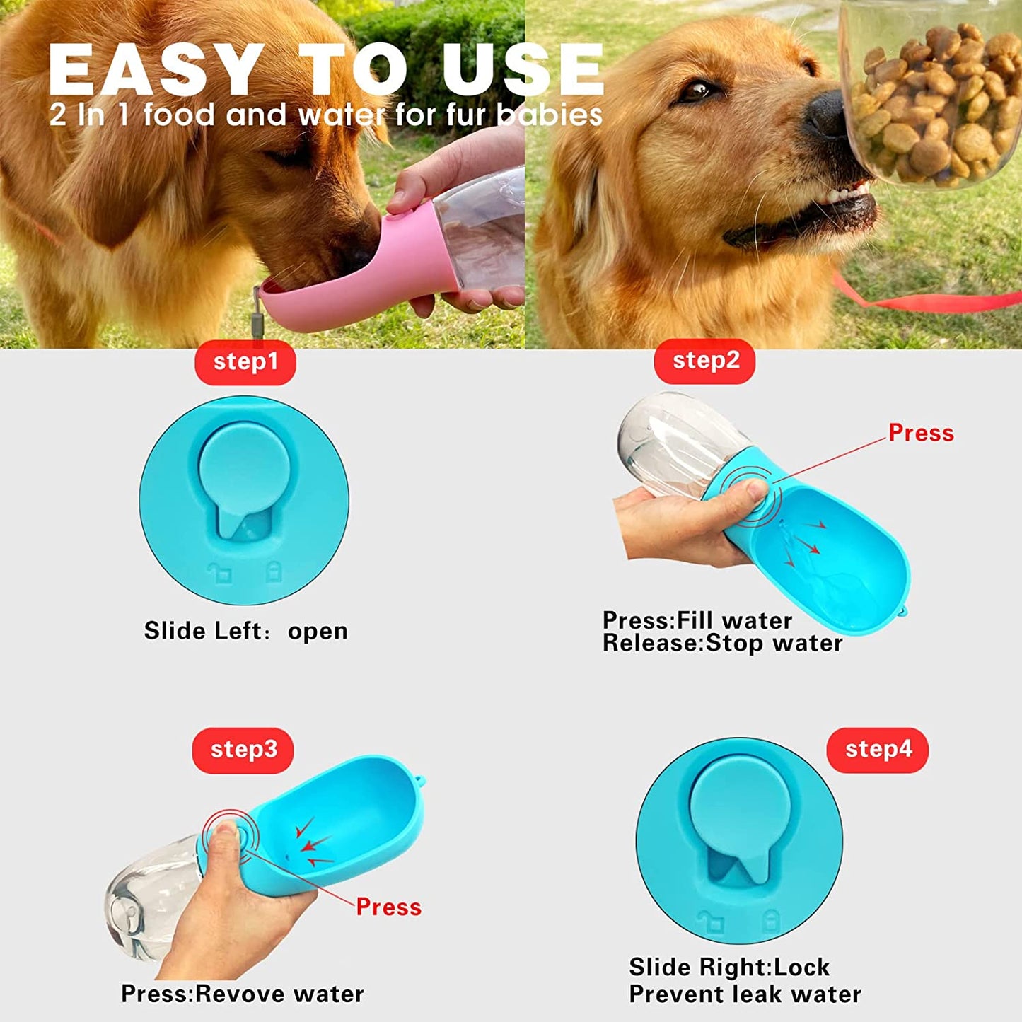 Dog Water Bottle,Portable pet Water Bottle with Food Container,Outdoor Portable Water Dispenser for Cat,Rabbit,Puppy and Other Pets for Walking,Hiking,Travel