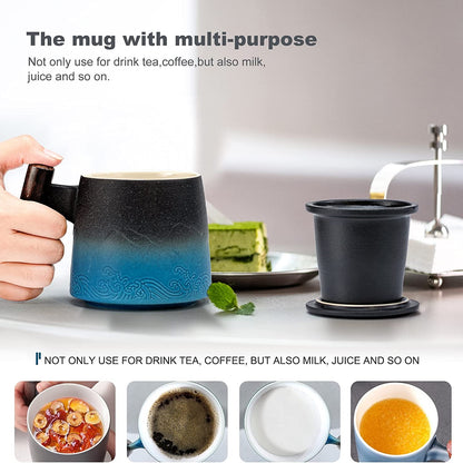 Ceramic Tea Cup with Infuser and Lid Tea Mugs Wooden Handle for Steeping Loose Leaf Tea 400ml, 13.5 oz