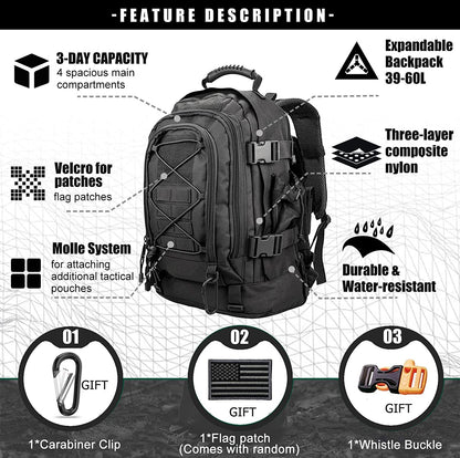 Large Capacity Military Tactical Hiking Expandable 39L-60L Backpack